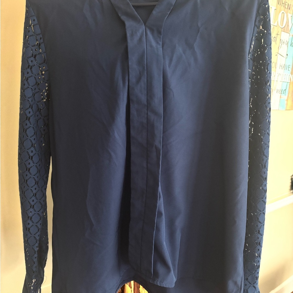 Elegant Navy Blouse with Lace Sleeves